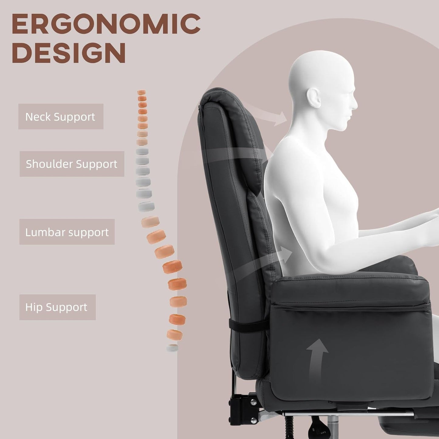 Executive Office Chair with Footrest and Lumbar Support, PU Leather Ergonomic Office Desk Chair, Reclining and Swivel Chair, Black