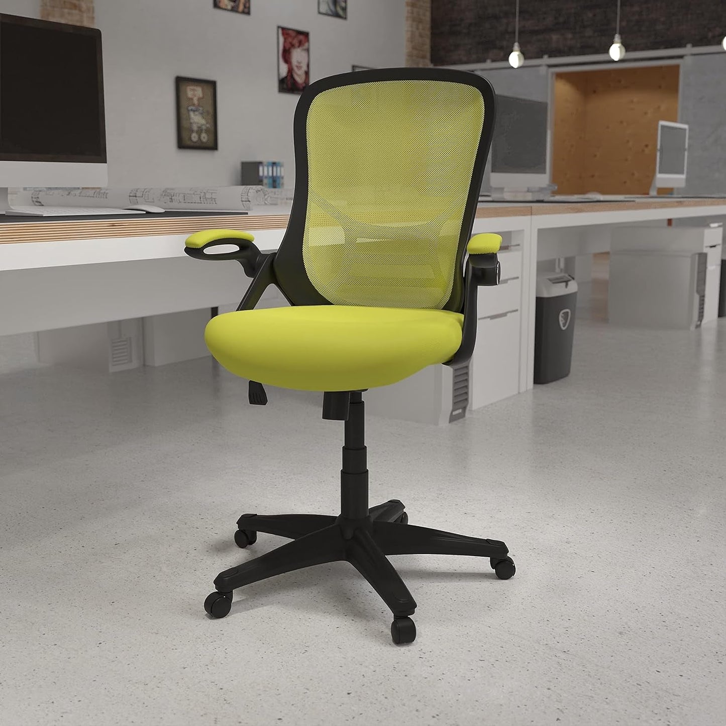 Porter Mesh High Back Ergonomic Swivel Office Chair with Lumbar Support, Flip-Up Arms, Tilt Lock/Tilt Tension, Height Adjustable, Black/Green Frame