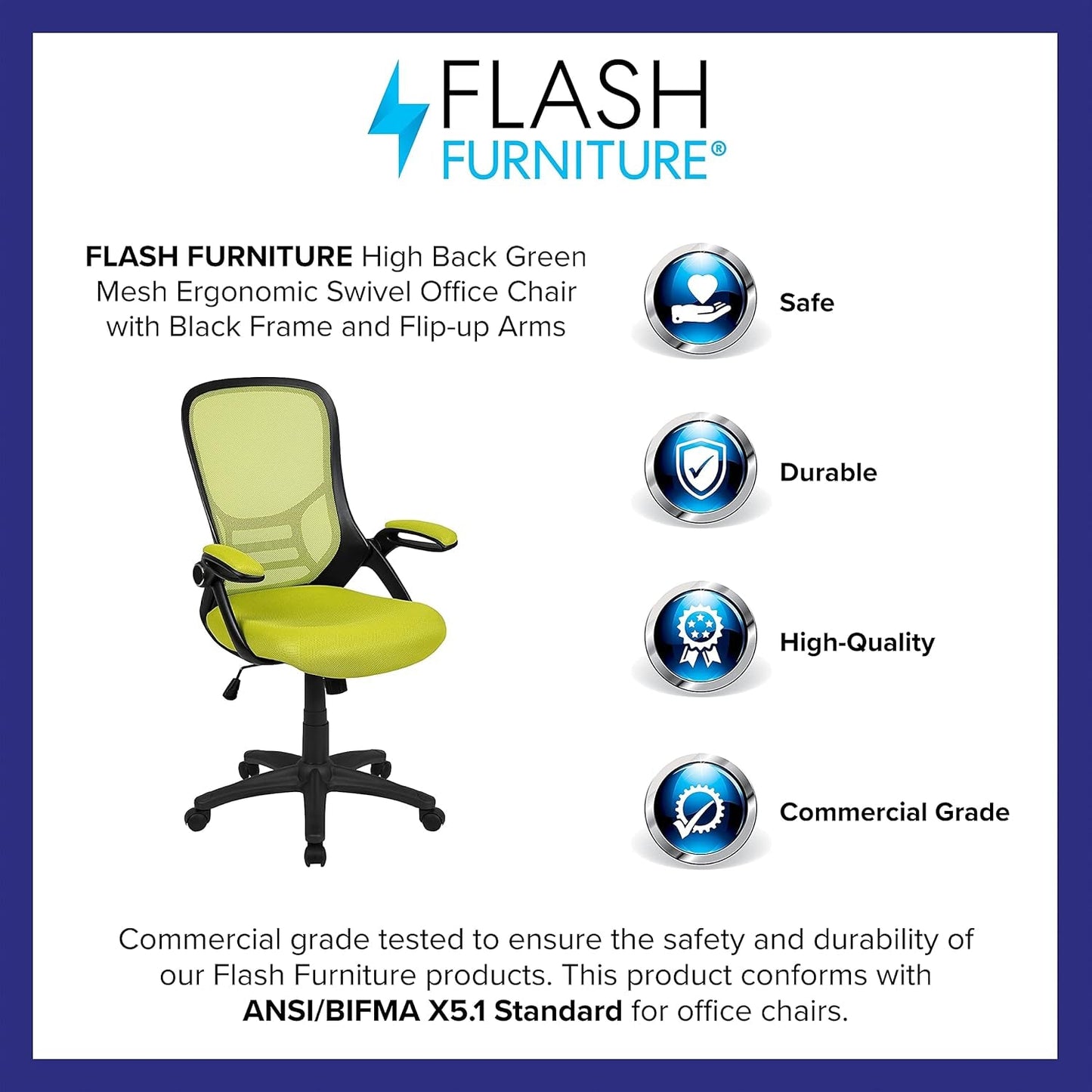 Porter Mesh High Back Ergonomic Swivel Office Chair with Lumbar Support, Flip-Up Arms, Tilt Lock/Tilt Tension, Height Adjustable, Black/Green Frame