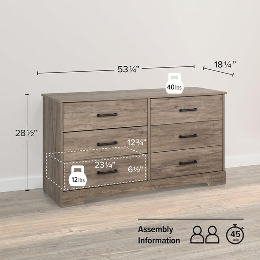 Rustic Ridge Farmhouse 6-Drawer Double Dresser, Brown Dresser for Bedroom, Chest of Drawers with 6 Storage Drawers, 53.25” Wide X 18.25” Deep X 28.5” Tall, Brown