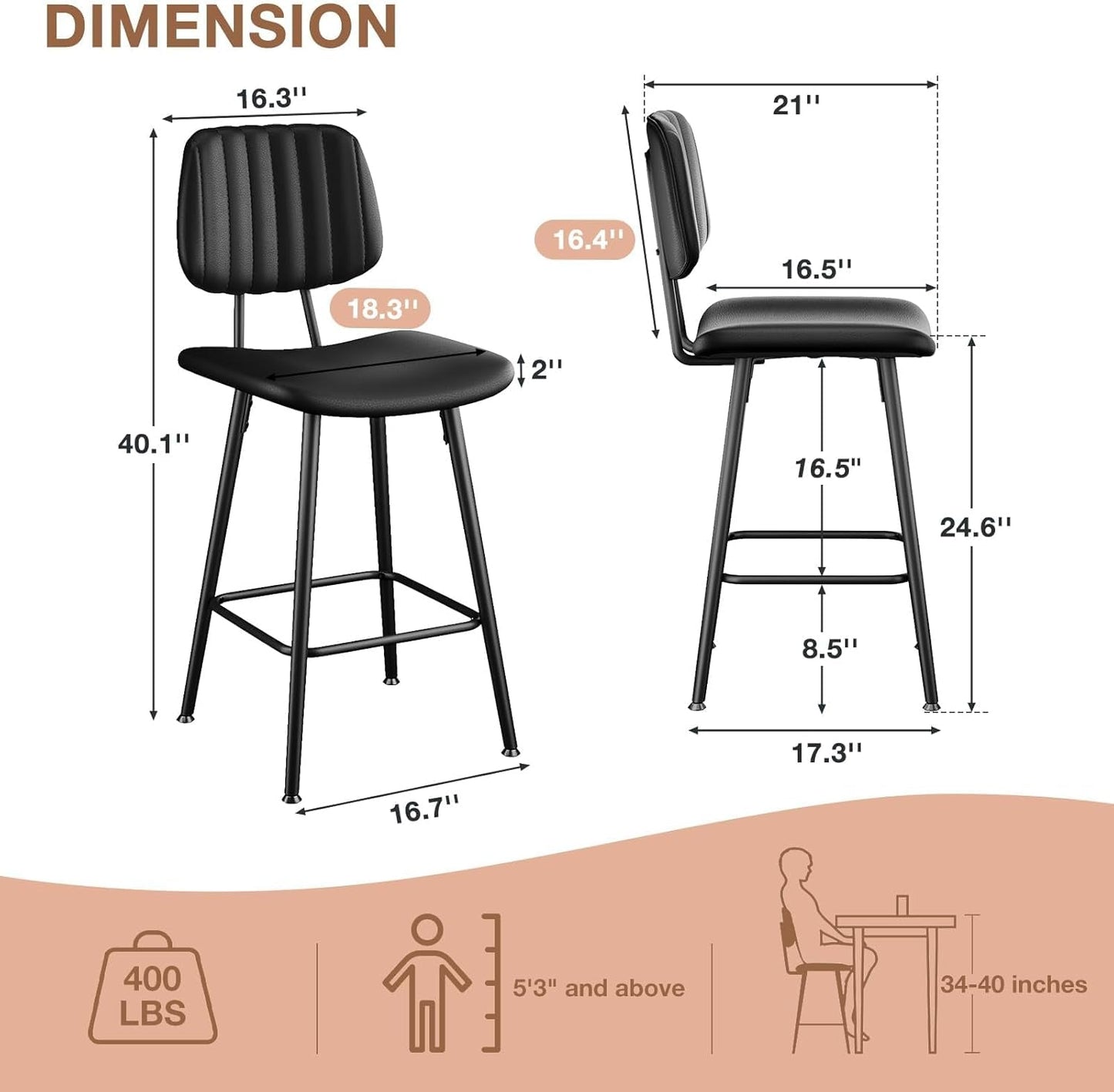 Bar Stools Set of 2, 24.6 Inch Counter Height Barstools, High Backrest Faux Leather Upholstered Counter Stools with Armless Footrest Modern Bar Chairs Tall Pub Stools for Kitchen Dining,Black