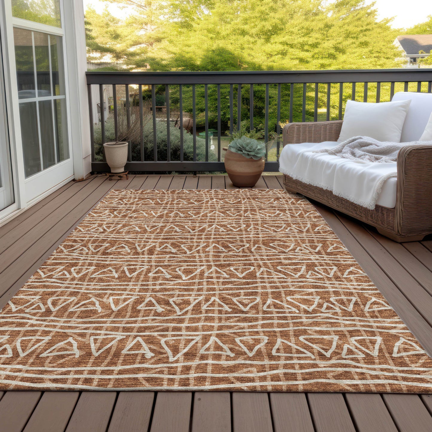 10' X 14' Terra Cotta Copper And Beige Geometric Washable Indoor Outdoor Area Rug