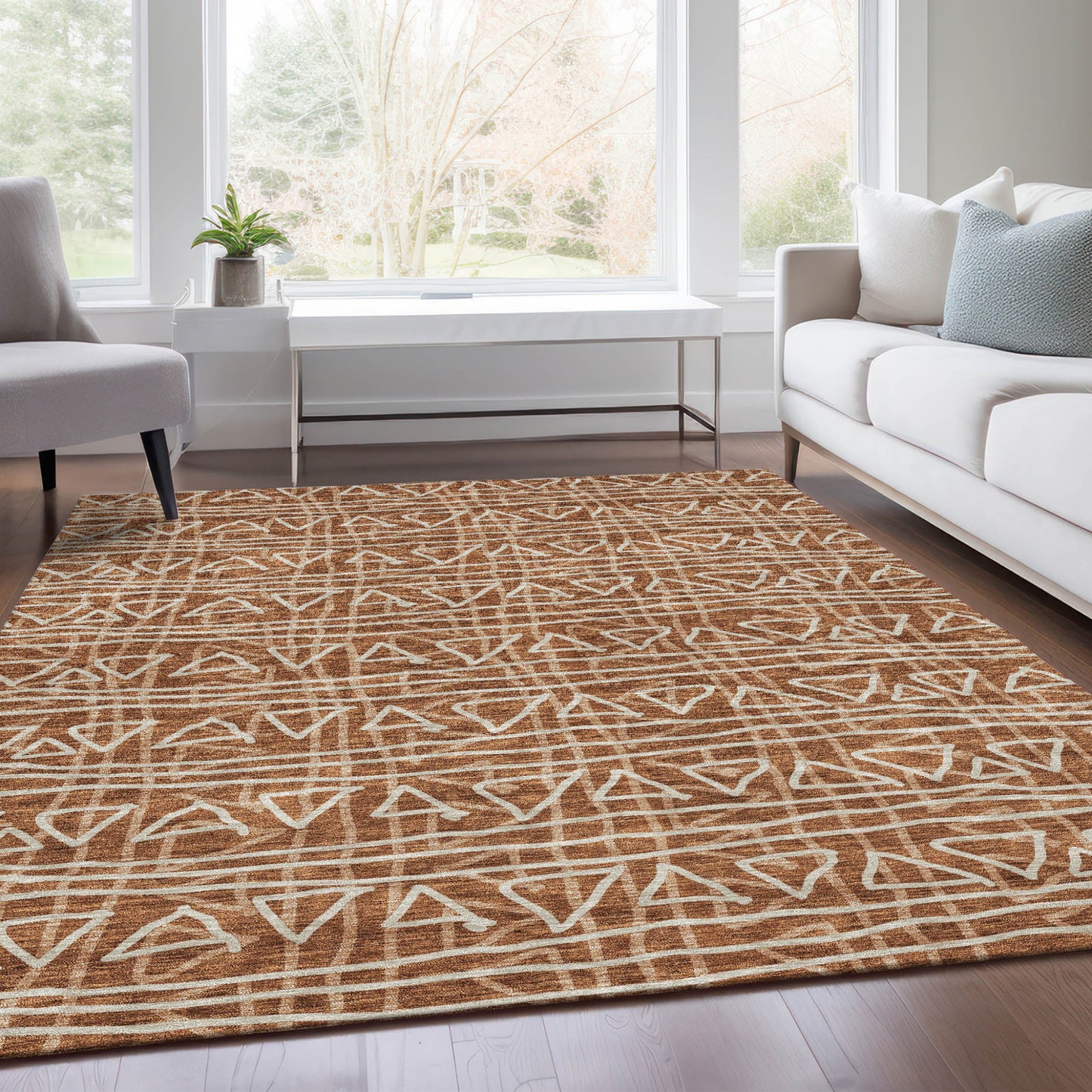 10' X 14' Terra Cotta Copper And Beige Geometric Washable Indoor Outdoor Area Rug
