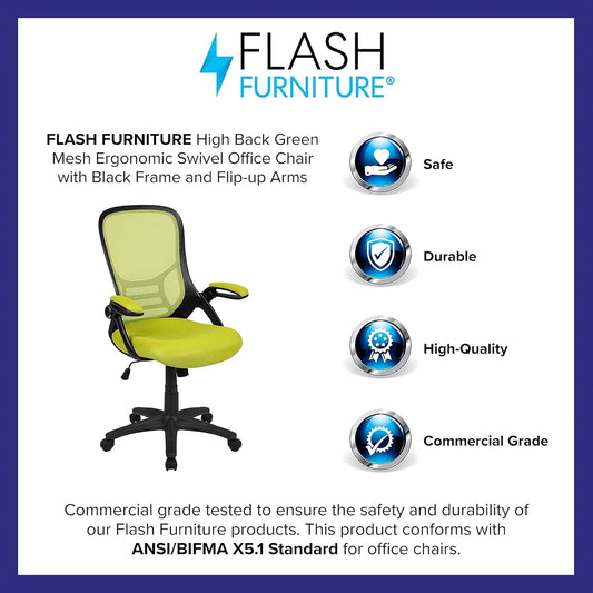 Porter Mesh High Back Ergonomic Swivel Office Chair with Lumbar Support, Flip-Up Arms, Tilt Lock/Tilt Tension, Height Adjustable, Black/Green Frame